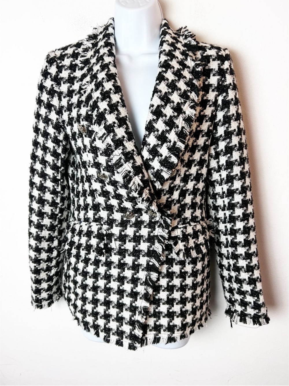 SZ XS Rachel Zoe Black and White Houndstooth Tweed Fringe Blazer Jacket